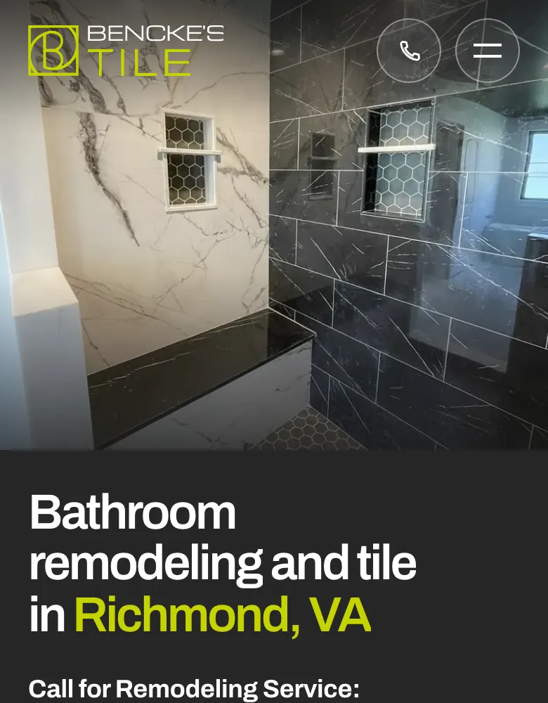 Print da página inicial do site da Bencke’s Tile no celular: foto de um chuveiro com azulejo, título sobre reforma de banheiro em Richmond e telefone.