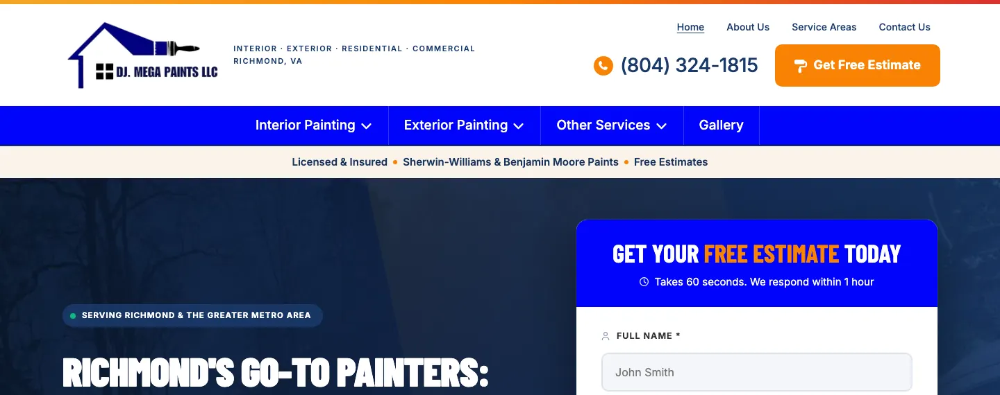 Print da página inicial do site da DJ Mega Paints no computador: título sobre pintores em Richmond e formulário de estimate gratuito ao lado.