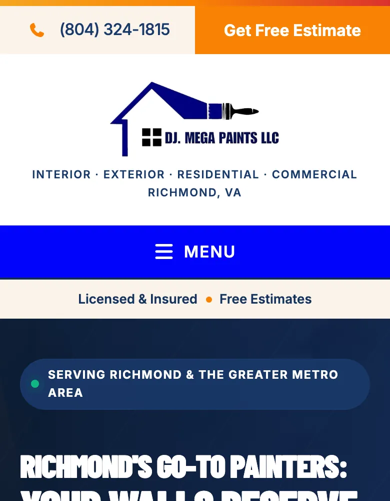 Print da página inicial do site da DJ Mega Paints no celular: logo, telefone, botão de estimate gratuito e título sobre pintores em Richmond.